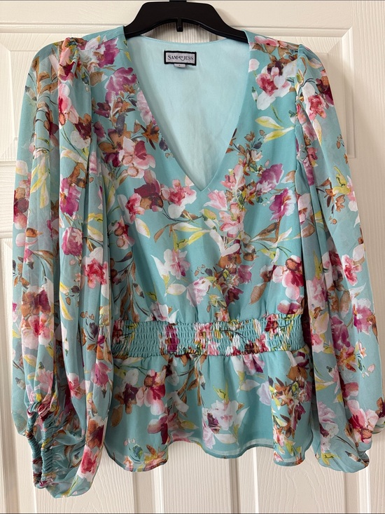 Sam And Jess Tops - SAM & JESS Aqua Floral V-Neck Smocked-Waist Blouse size large